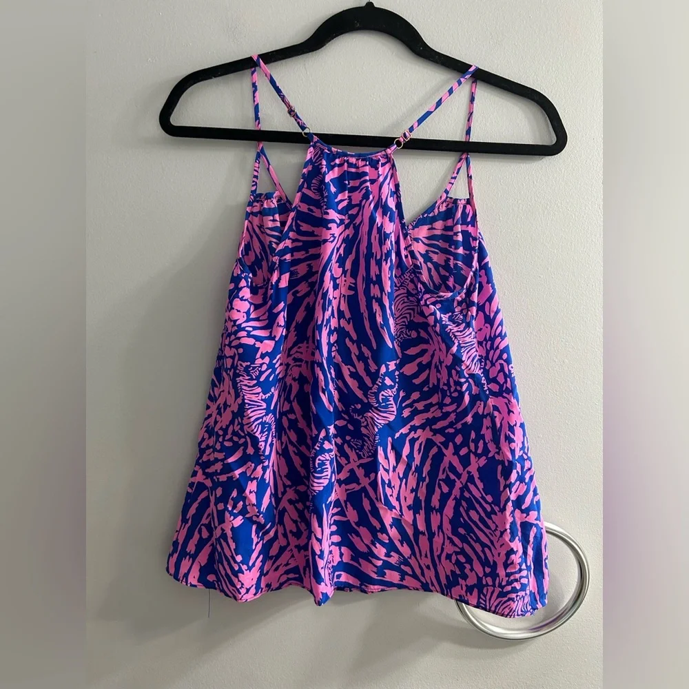 Lilly Pulitzer Rory Tank Top Pink Blue Zebra Rollin In The Grass 100% silk - Picture 3 of 6